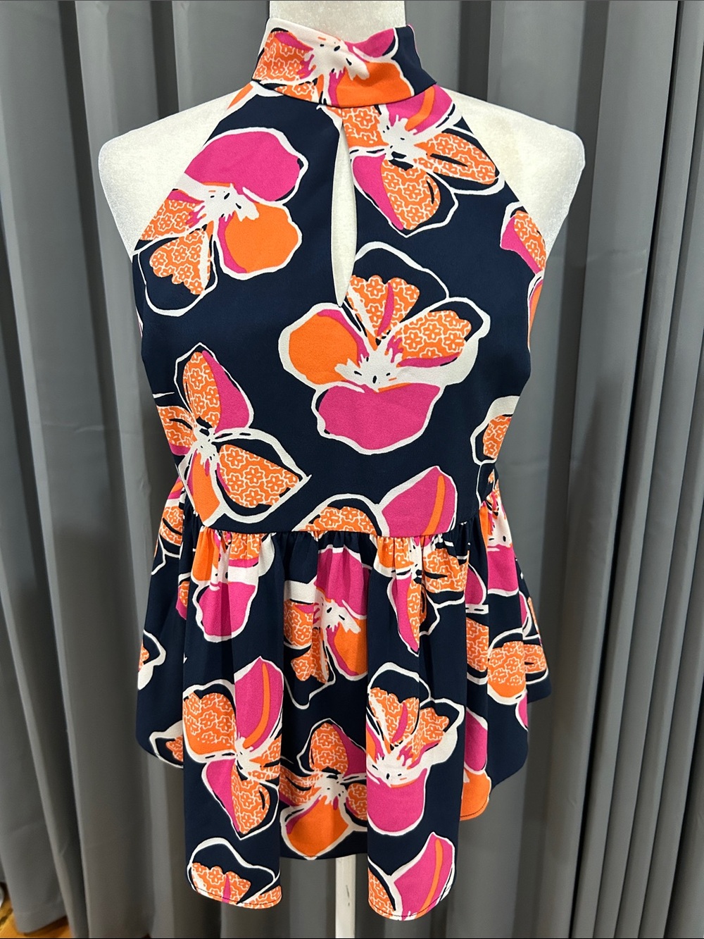 Kaari Blue Navy Halter Tunic with Pink & Orange Floral
